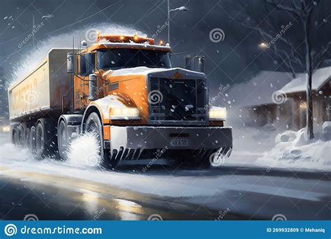 Snow Plow Truck Cleaning Snowy Road In Snowstorm Snowfall On The