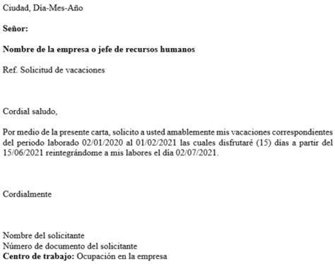 Carta De Solicitud De Vacaciones Word