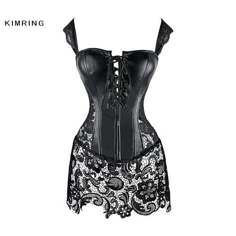 Kimring Sexy Steampunk Corsets Dress Halloween Gothic Faux Leather Black Lace Shaper Bustiers