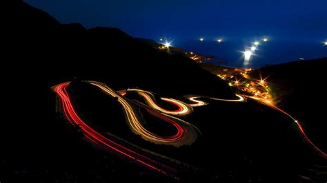 Road Long Exposure Hairpin Turns Light Trails Night Nature
