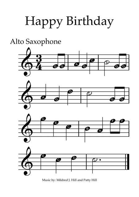 Happy Birthday Alto Saxophone With Note Names Music Sheet Download