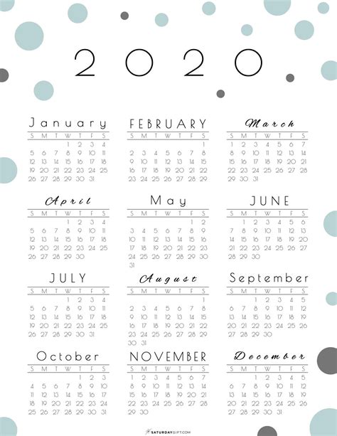 Year At A Glance Calendar 2020 Pretty Andfree Printable Bullet