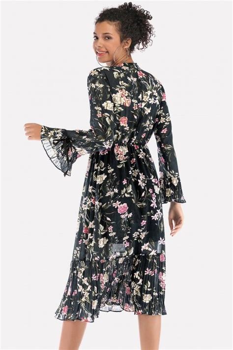 Black Floral Print Flare Sleeve Pleated Chiffon Casual Dress Casual