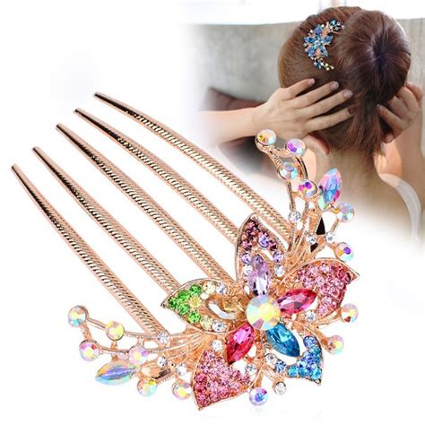 Elegant Hairpins Women Rhinestone Inlaid Flower Hair Comb Hairpin