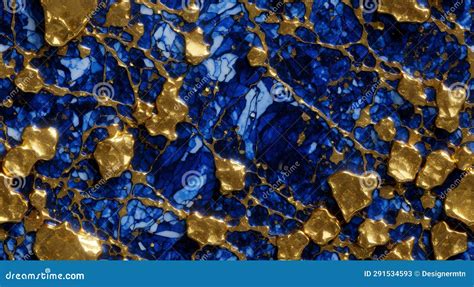 Seamless Pattern With Cobalt Blue Marble And Gold Veins Stock