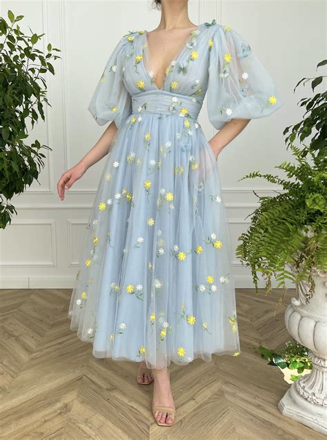 Details Pastel Blue Tulle With Embroidered Daffodils And Daisies V Neck Deep Cusp Cinched