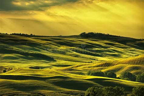 Tuscany Spring Rolling Hills On Sunset Rural Landscape Stock Photo