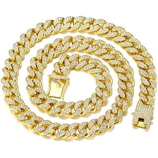 Hip Hop 13MM Miami Curb Cuban Chain Necklace Gold Iced Out AAA Paved