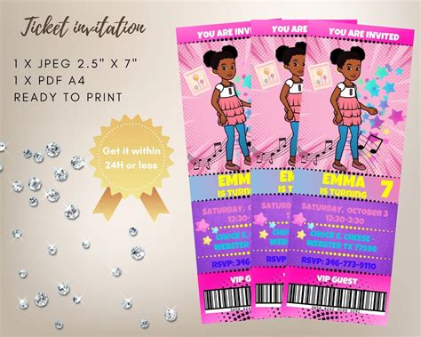 Girl Gracie Ticket Invitation Digital Printable Birthday Party Etsy