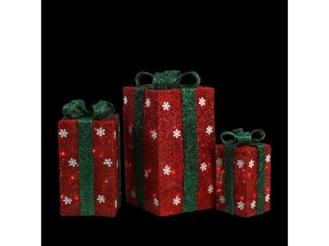 Northlight Set Of 3 Tall Lighted Red Sisal T Boxes With Green Bows