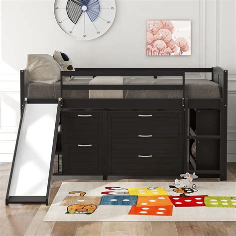 buy low loft bed with slide and storage twin loft bed frame with cabinet drawers and book