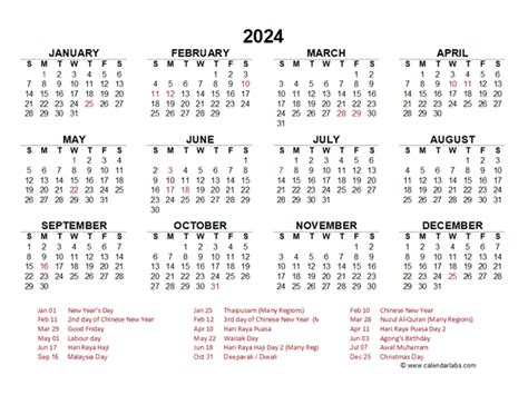 2024 Year At A Glance Calendar With Malaysia Holidays Free Printable
