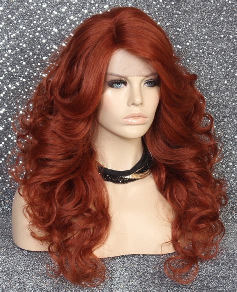 Medium Red Auburn Human Hair Blend Lace Front Wig Full Long Etsy