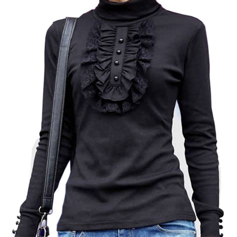 Turtleneck Vintage Lace Shirt Women Long Sleeve Patchwork Black Lace
