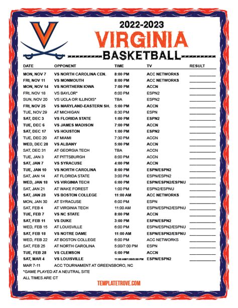 Printable Virginia Cavaliers Basketball Schedule