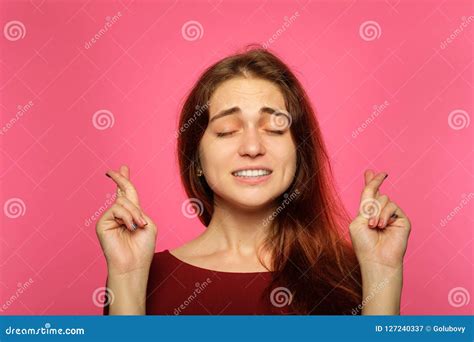 Woman Keep Fingers Crossed Hope Luck Emotional Stock Image Image Of