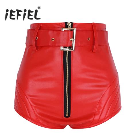 Iefiel Sexy Ladies Womens Wetlook Pu Leather Punk Shorts Front Zipper
