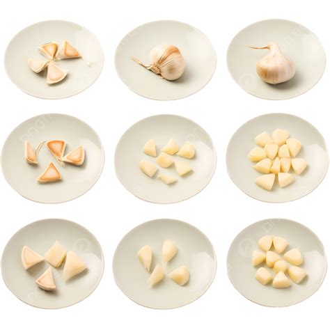 Peeled And Unpeeled Garlic Cloves From Different Angles Isolated