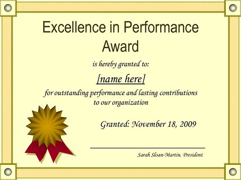 Outstanding Excellence In Performance Awards Certificate Throughout