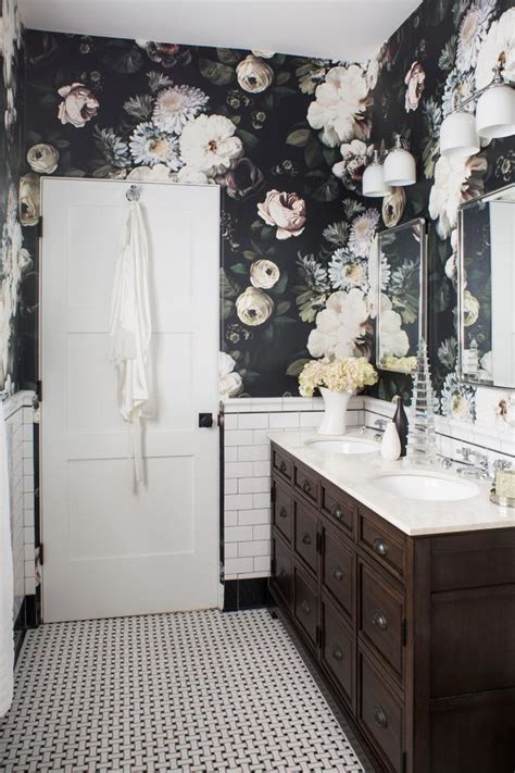 Guest Bathroom With Black Floral Patterned Wallpaper Hgtv