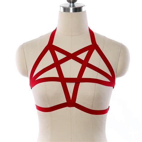 red cage harness chest pentagram belts top black halter bra elastic straps cage harness lingerie