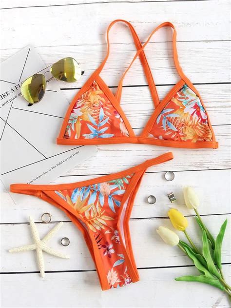 leaf print triangle bikini set bikinis orange swimsuit swimsuits hot sex picture