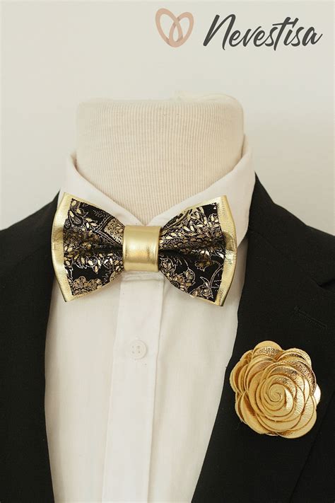 Black And Gold Mens Leather Bow Tie For Men Floral Paisley Wedding Bow