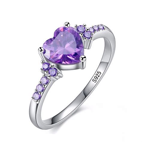 Natural Purple Crystal Zircon Silver Ring Fashion Wedding Heart Shaped
