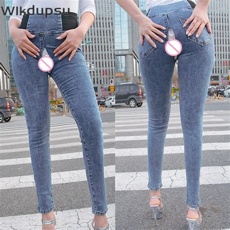 Outdoor Sex Jeans Pants For Women Hidden Zipper Secret Public Hot Sexy