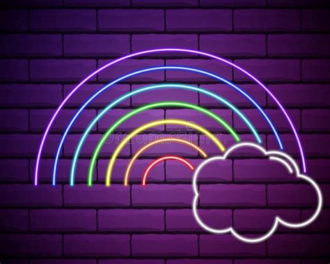 Rainbow Neon Sign Glowing Neon Rainbow With Cloud On Dark Brick Wall