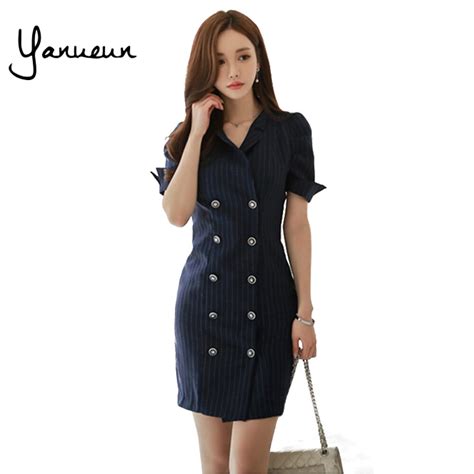 Yanueun Korean Fashion Women Striped Double Breasted Dress Summer 2017 Suit Dresses Ol Notched