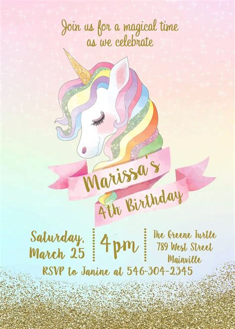 Unicorn Birthday Party Invitation Rainbow Glitter Sparkle Gold