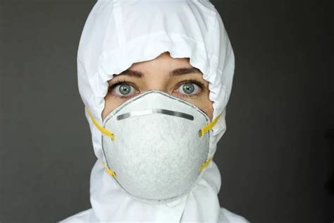 Sick Woman Wear Medical Face Mask Corona Virus Protecting Herself Stock