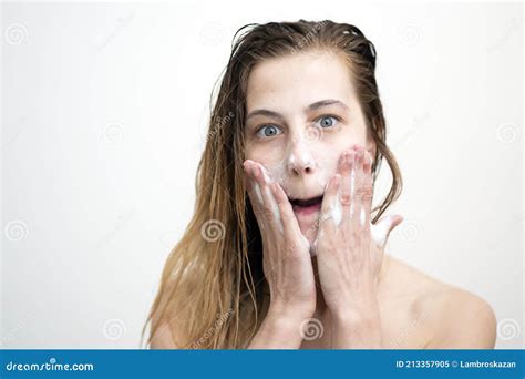 Happy Young Woman Washing Her Face With Cream Stock Image Image Of