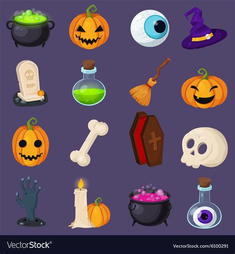 Set Of Halloween Related Objects And Creatures Vector Image