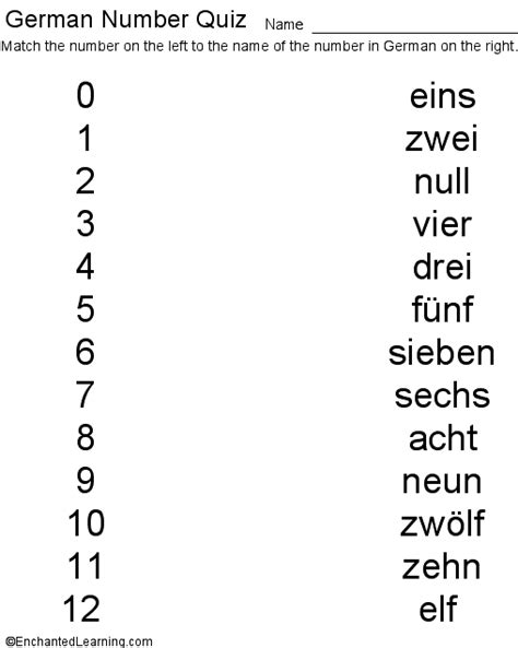 German Numbers Quiz Printout Childrens Dictionary
