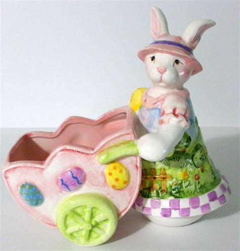 Porcelain Ceramic Easter Bunny Rabbit Pushing An Easter Cart Planter