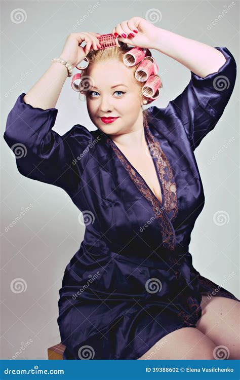 Pin Up Girl Posing With Hair Curlers Stock Photo Image Of Chubby