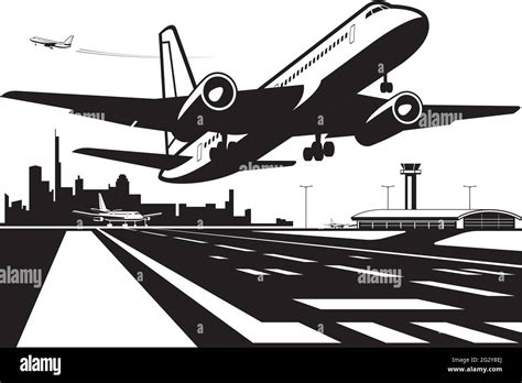 Passenger Plane Takes Off From Runway At City Airport Stock Vector