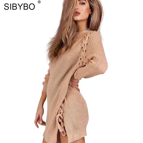 Buy Sibybo Bandage Open Split Sexy Sweater Dress Women Autumn Winter Long