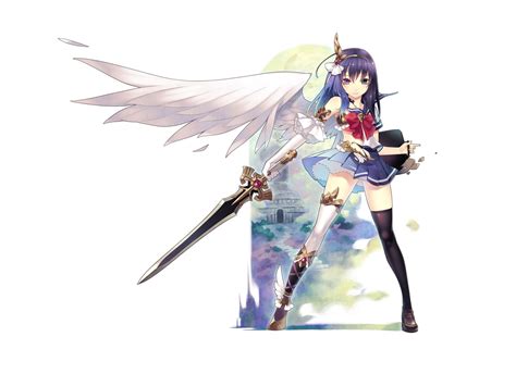 Angels Blue Wings Red School Uniforms Anime Girls Swords