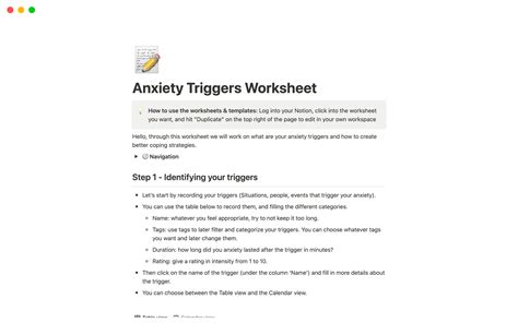 Anxiety Triggers Worksheet Notion Template