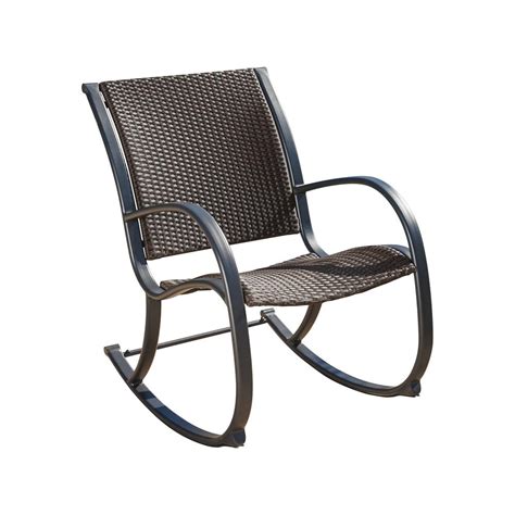 Furnish your patio dining area with this wicker patio chair with a brown finish. Gracie Dark Brown Wicker Outdoor Rocking Chair-295654 ...