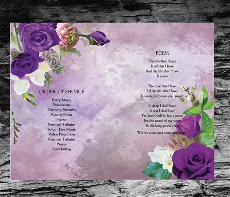 Funeral Program Template Violet Purple Roses Memorial Etsy Uk