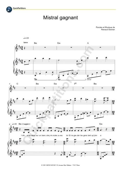 Imprimez La Partition Piano De Renaud Mistral Gagnant Partition
