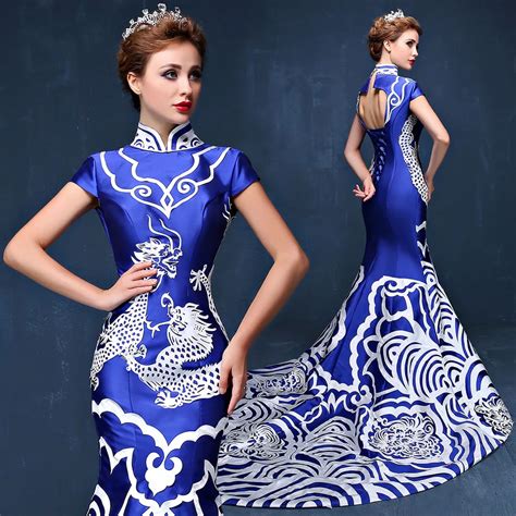 Luxury Dubai Arabic Evening Dresses Chinese Style Dragon Robe Blue And