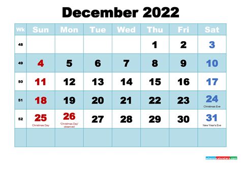 Free December 2022 Calendar With Holidays Printable Riset