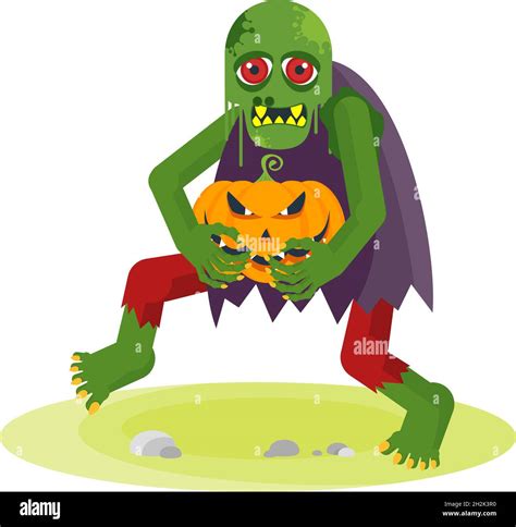 Green Zombie With Red Eyes Hold Pumpkin Stock Vector Image And Art Alamy