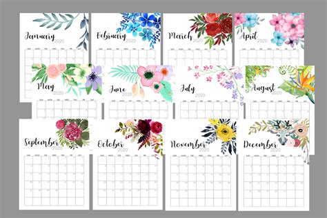 2020 Flowers Calendar Printable Watercolor Botanical Floral 408924