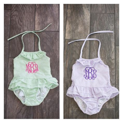 Girls Monogram Swim Suit Seersucker Swim Suit Personalized Etsy